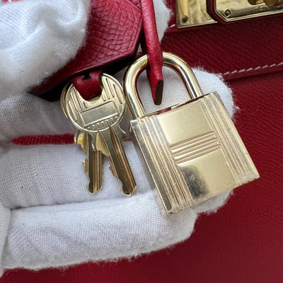 Hermes Kelly 28 in Rouge Casaque Epsom Leather, Bleu Thalassa Interior and GHW