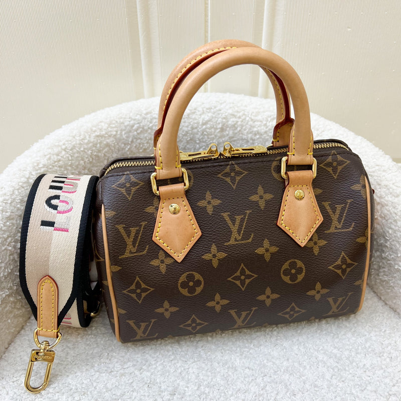 LV Speedy Bandouliere 20 in Monogram Canvas and Black Patterned Strap