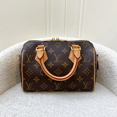 LV Speedy Bandouliere 20 in Monogram Canvas and Black Patterned Strap