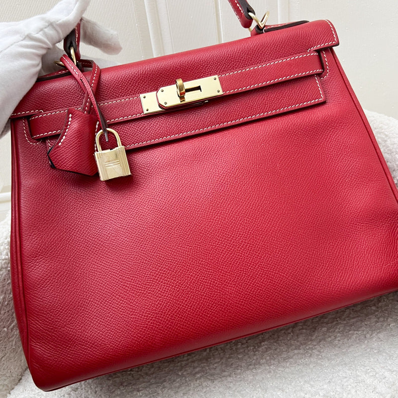 Hermes Kelly 28 in Rouge Casaque Epsom Leather, Bleu Thalassa Interior and GHW