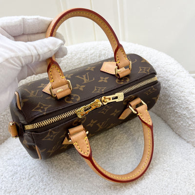 LV Speedy Bandouliere 20 in Monogram Canvas and Black Patterned Strap