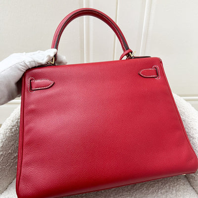 Hermes Kelly 28 in Rouge Casaque Epsom Leather, Bleu Thalassa Interior and GHW