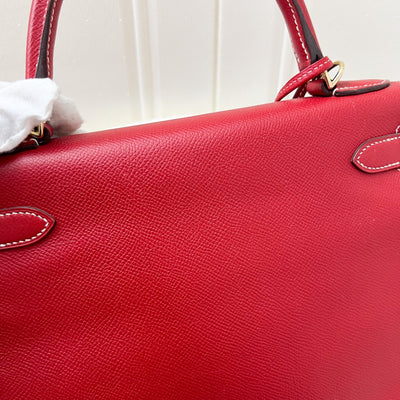 Hermes Kelly 28 in Rouge Casaque Epsom Leather, Bleu Thalassa Interior and GHW