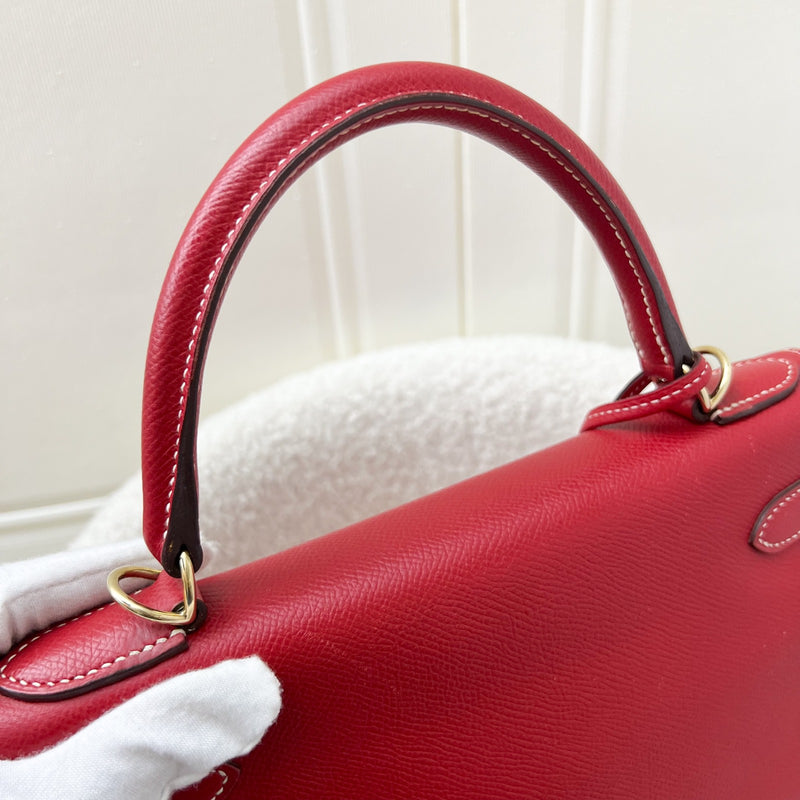 Hermes Kelly 28 in Rouge Casaque Epsom Leather, Bleu Thalassa Interior and GHW