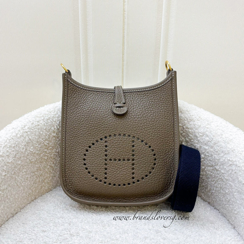 Hermes Mini Evelyne TPM in Etoupe Clemence Leather with Bleu Indigo Strap and GHW