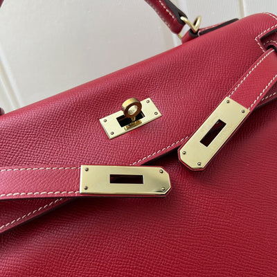 Hermes Kelly 28 in Rouge Casaque Epsom Leather, Bleu Thalassa Interior and GHW