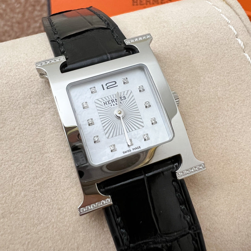 Hermes Heure H PM Watch with Diamond Markers and Black Alligator Strap