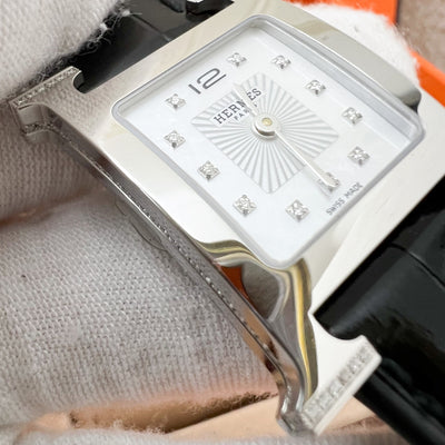 Hermes Heure H PM Watch with Diamond Markers and Black Alligator Strap