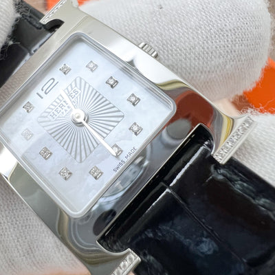 Hermes Heure H PM Watch with Diamond Markers and Black Alligator Strap