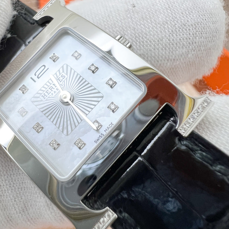 Hermes Heure H PM Watch with Diamond Markers and Black Alligator Strap