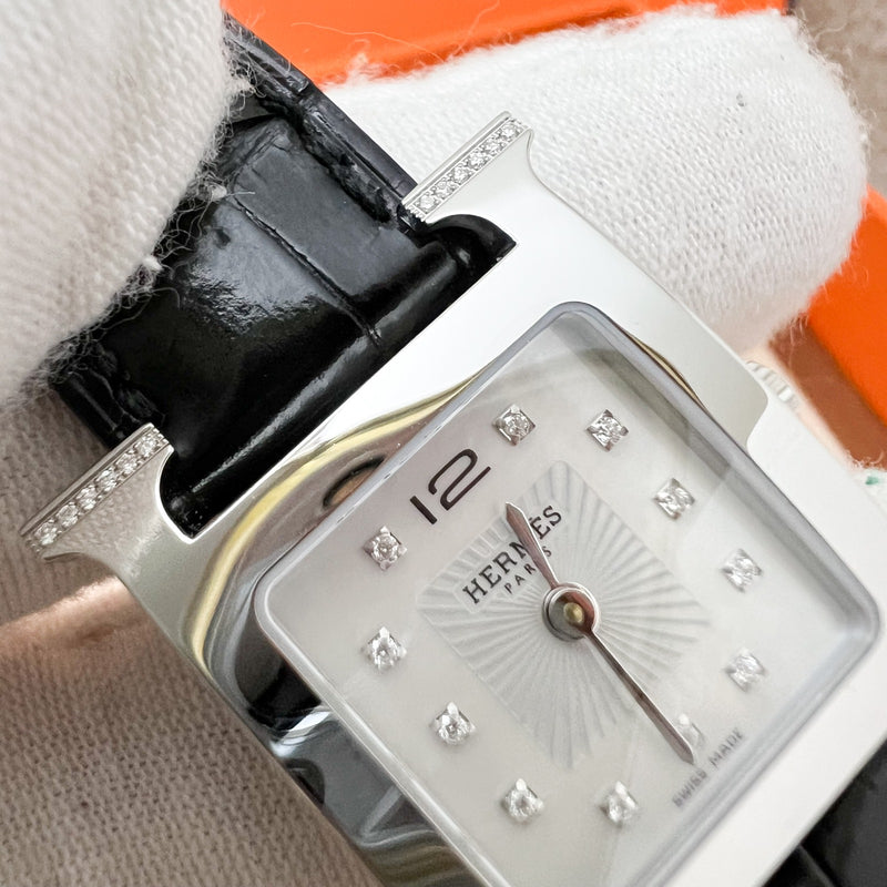 Hermes Heure H PM Watch with Diamond Markers and Black Alligator Strap