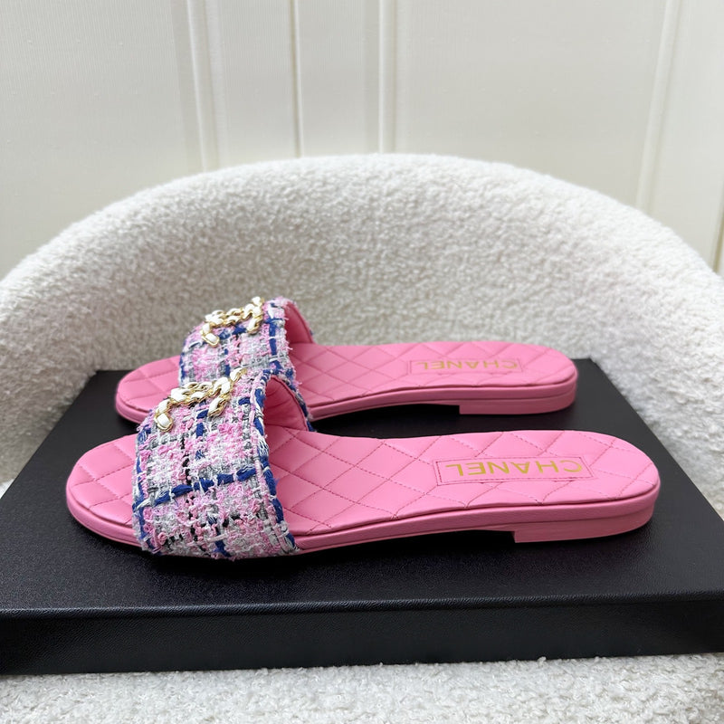 Chanel 23P CC Logo Mules in Multicolor Tweed Fabric and Pink Leather Size 38