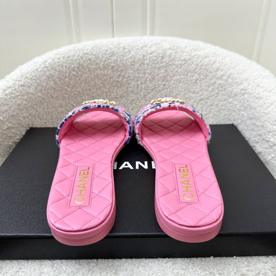 Chanel 23P CC Logo Mules in Multicolor Tweed Fabric and Pink Leather Size 38