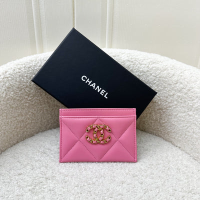 Chanel 19 Flat Card Holder in Pink Lambskin and AGHW