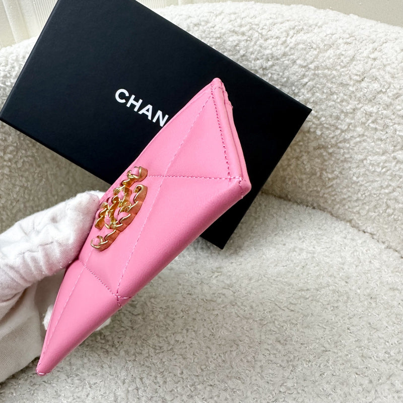 Chanel 19 Flat Card Holder in Pink Lambskin and AGHW