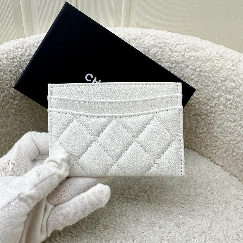 Chanel Classic Flat Card Holder in White Caviar and LGHW