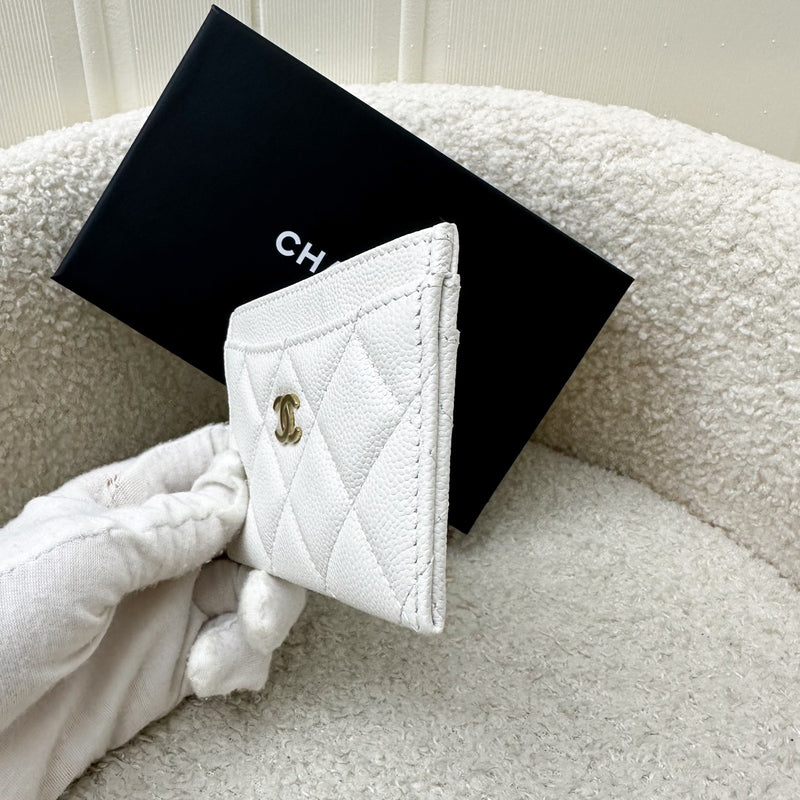 Chanel Classic Flat Card Holder in White Caviar and LGHW