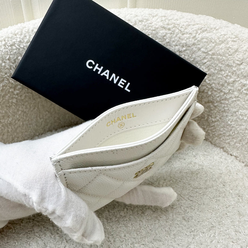 Chanel Classic Flat Card Holder in White Caviar and LGHW