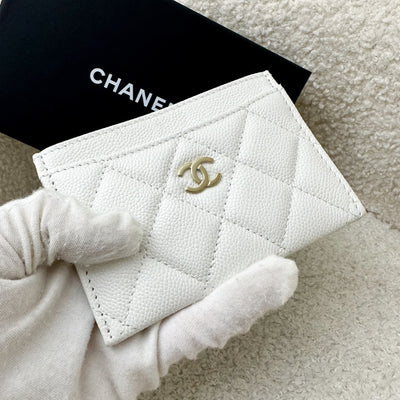 Chanel Classic Flat Card Holder in White Caviar and LGHW