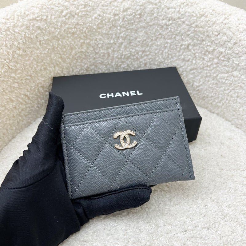 Chanel 25B Flat Card Holder with Diamantes studded CC Logo in Grey Caviar and LGHW