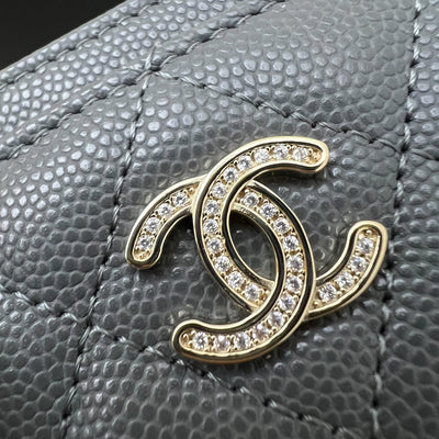 Chanel 25B Flat Card Holder with Diamantes studded CC Logo in Grey Caviar and LGHW