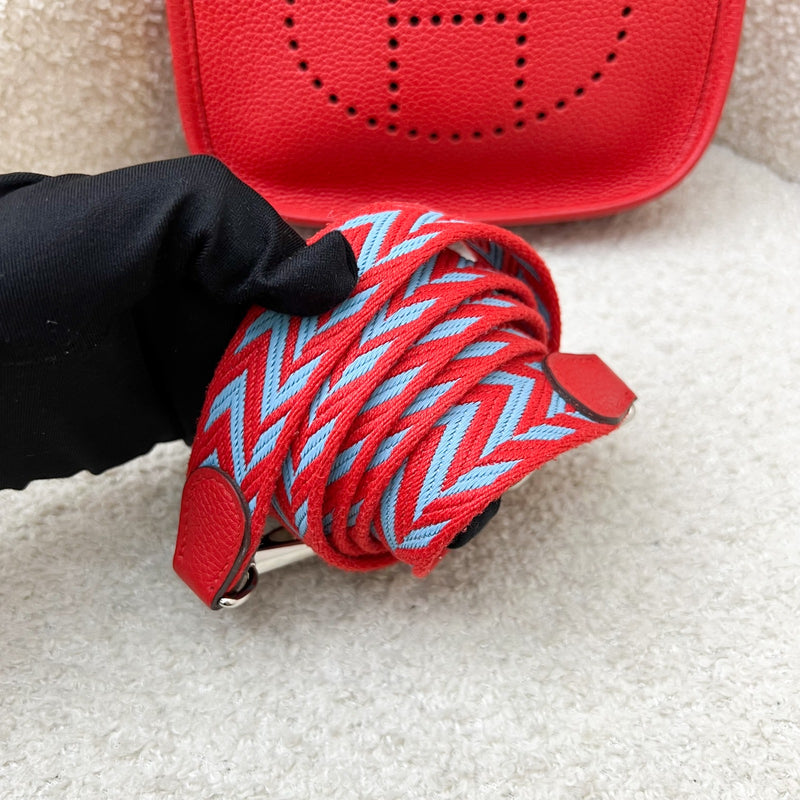 Hermes Mini Evelyne TPM in Red Clemence Leather with Red and Blue Strap and PHW