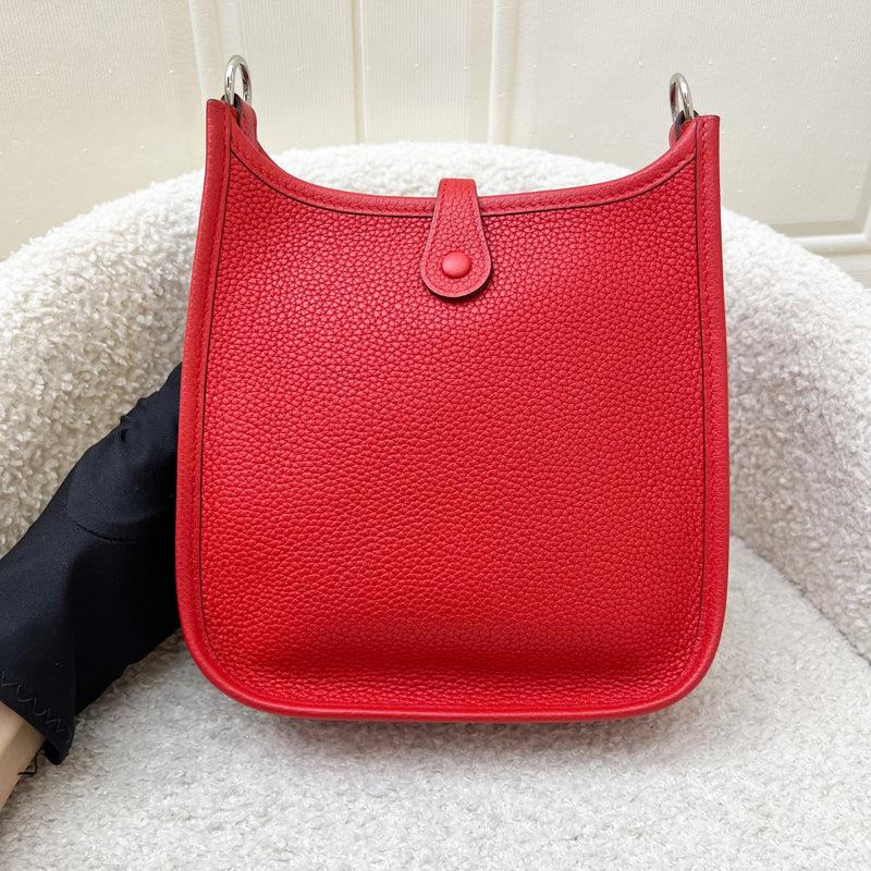 Hermes Mini Evelyne TPM in Red Clemence Leather with Red and Blue Strap and PHW