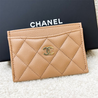 Chanel Classic Flat Card Holder in Caramel Dark Beige and LGHW