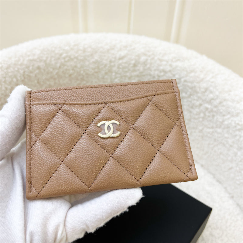 Chanel Classic Flat Card Holder in Caramel Dark Beige and LGHW