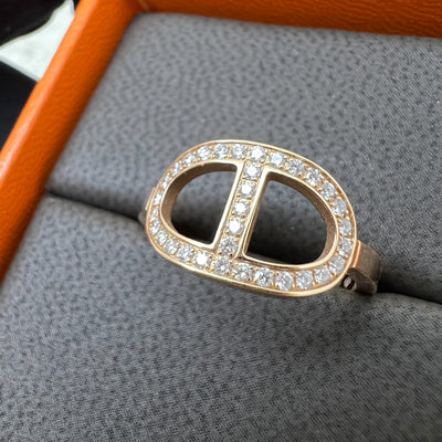 Hermes Chaine D'ancre Contour Ring set with Diamonds in 18K Rose Gold Sz 53