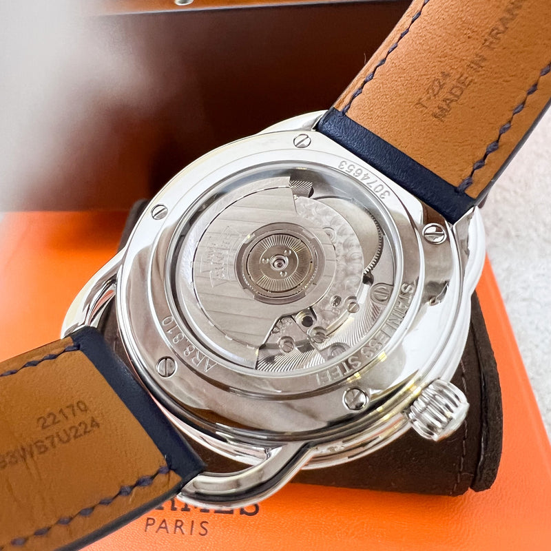 Hermes Arceau Grande Lune Self Winding (Automatic) Watch 43mm in Stainless Steel and Blue Calfskin Strap