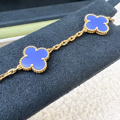 Van Cleef & Arpels VCA Vintage Alhambra 5 Motifs Bracelet with Blue Agate in 18K Yellow Gold