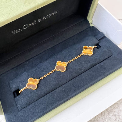 Van Cleef & Arpels VCA Vintage Alhambra 5 Motifs Bracelet with Tiger Eye in 18K Yellow Gold