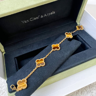Van Cleef & Arpels VCA Vintage Alhambra 5 Motifs Bracelet with Tiger Eye in 18K Yellow Gold