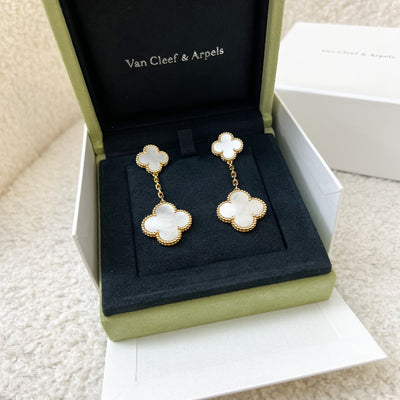 Van Cleef & Arpels VCA Magic Alhambra 2 Motifs Earrings with Mother of Pearl MOP in 18K Yellow Gold