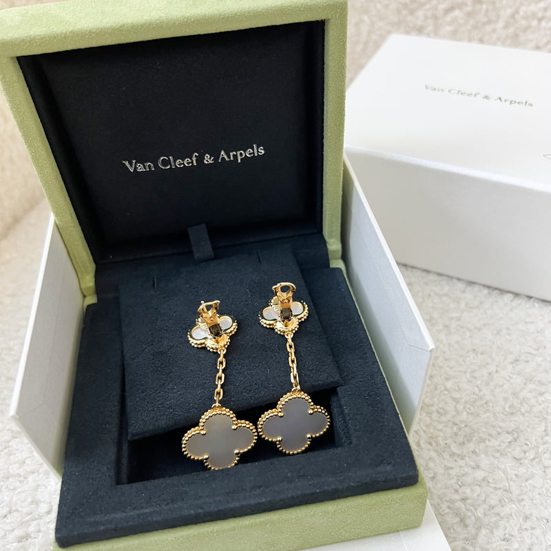 Van Cleef & Arpels VCA Magic Alhambra 2 Motifs Earrings with Mother of Pearl MOP in 18K Yellow Gold