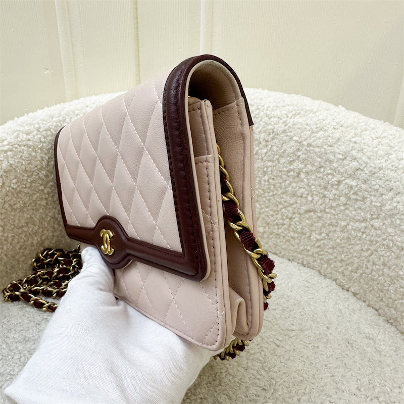 Chanel Seasonal Wallet On Chain WOC in Pink and Burgundy Lambskin and AGHW