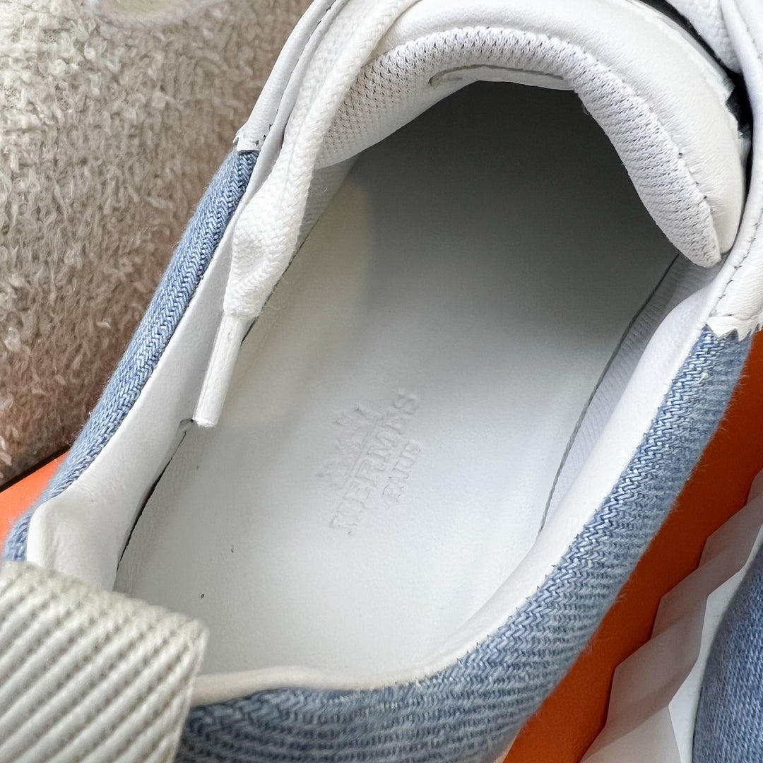 Hermes Bouncing Sneaker in Bleu Clair Denim and Blanc White