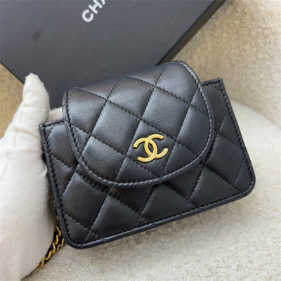 Chanel 22K Double Chain Micro Flap Bag in Black Lambskin and GHW