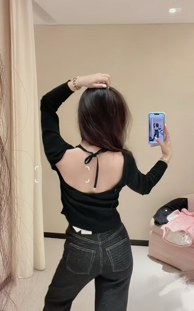 Chanel 24B Long Sleeves Open Back Blouse / Top in Black Viscose and Polyester (Model: P77857)