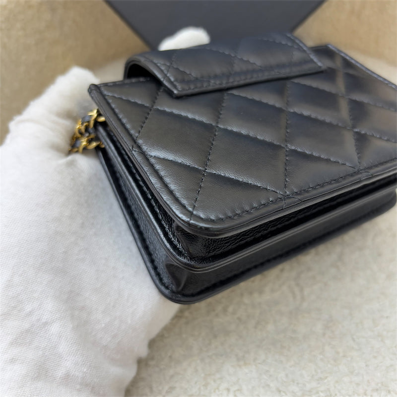 Chanel 22K Double Chain Micro Flap Bag in Black Lambskin and GHW