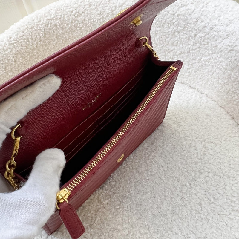 Saint Laurent YSL Small Wallet on Chain WOC in Red Grained Leather GHW