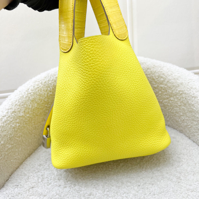 Hermes Picotin Touch 18 in Lime Clemence Leather, Mimosa Matte Alligator Leather and PHW