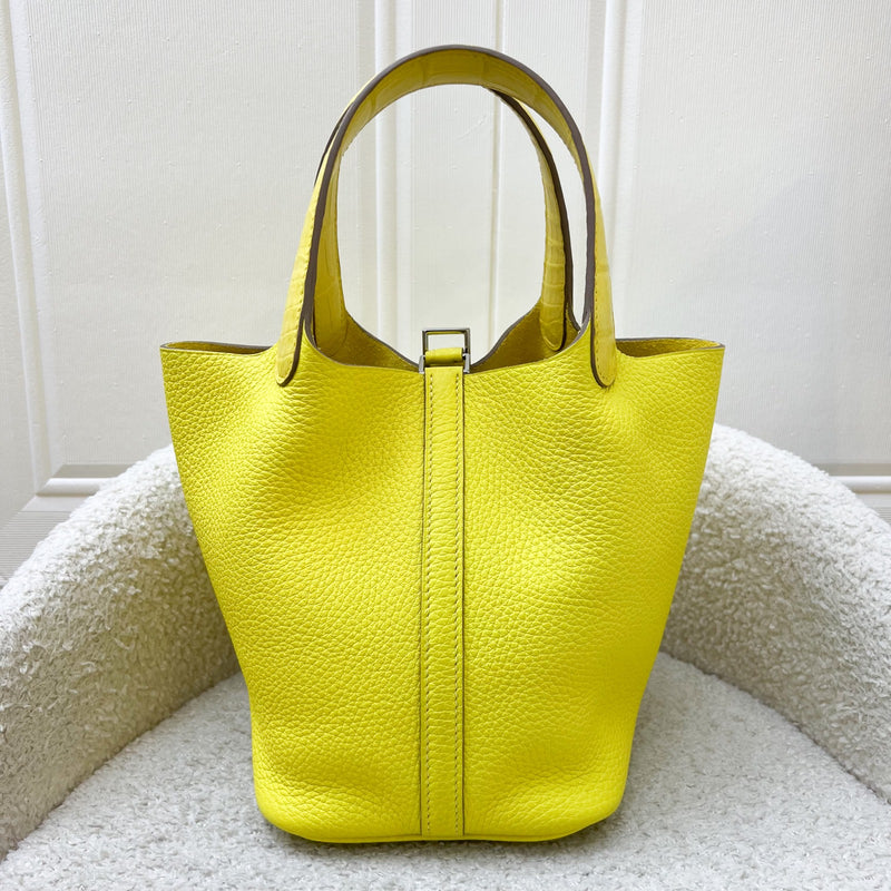Hermes Picotin Touch 18 in Lime Clemence Leather, Mimosa Matte Alligator Leather and PHW