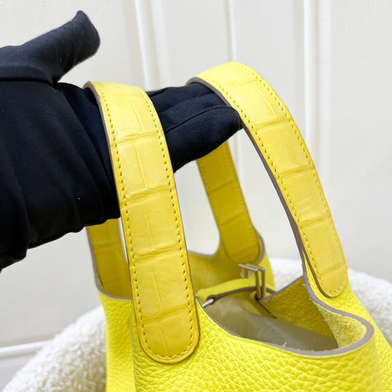 Hermes Picotin Touch 18 in Lime Clemence Leather, Mimosa Matte Alligator Leather and PHW