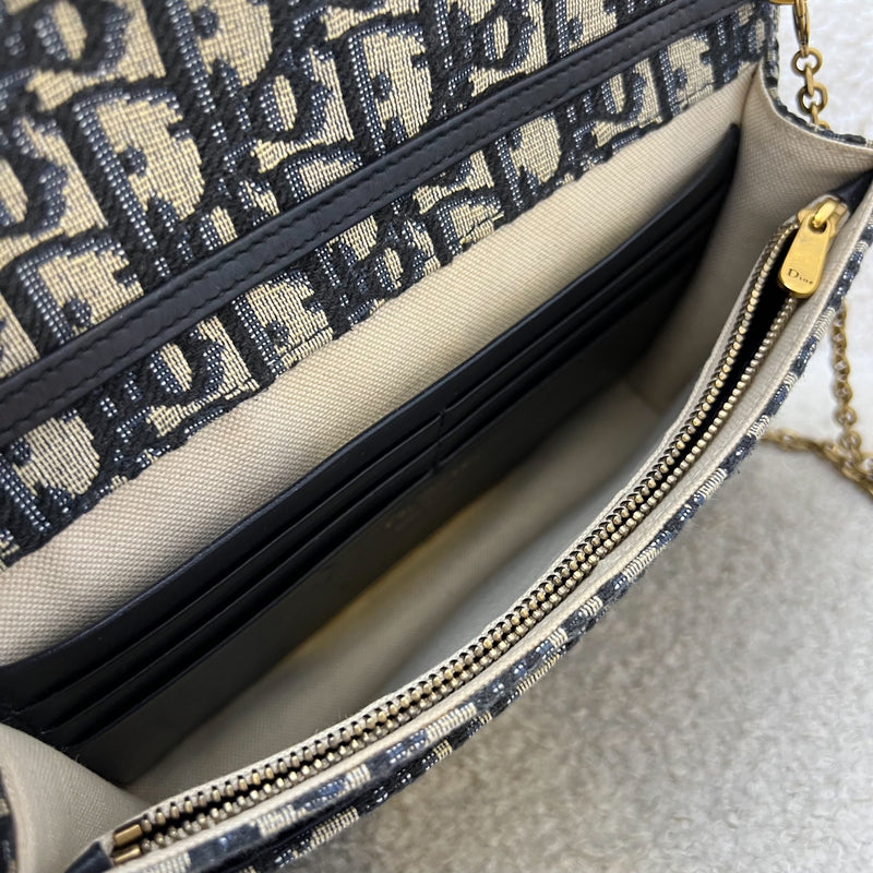 Dior Medium Saddle Pouch with Chain WOC in Blue Dior Oblique Jacquard Canvas and GHW (22cm)
