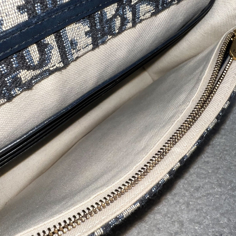 Dior Medium Saddle Pouch with Chain WOC in Blue Dior Oblique Jacquard Canvas and GHW (22cm)