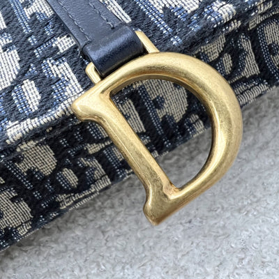 Dior Medium Saddle Pouch with Chain WOC in Blue Dior Oblique Jacquard Canvas and GHW (22cm)