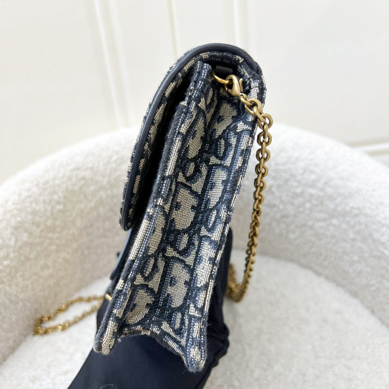 Dior Medium Saddle Pouch with Chain WOC in Blue Dior Oblique Jacquard Canvas and GHW (22cm)
