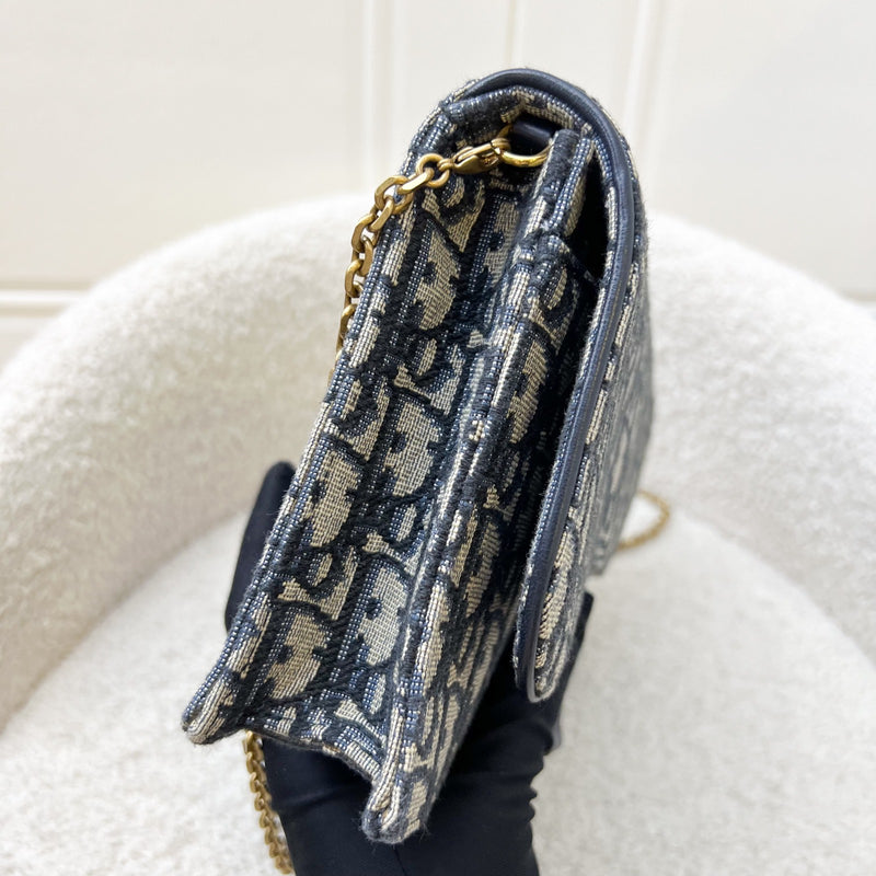 Dior Medium Saddle Pouch with Chain WOC in Blue Dior Oblique Jacquard Canvas and GHW (22cm)